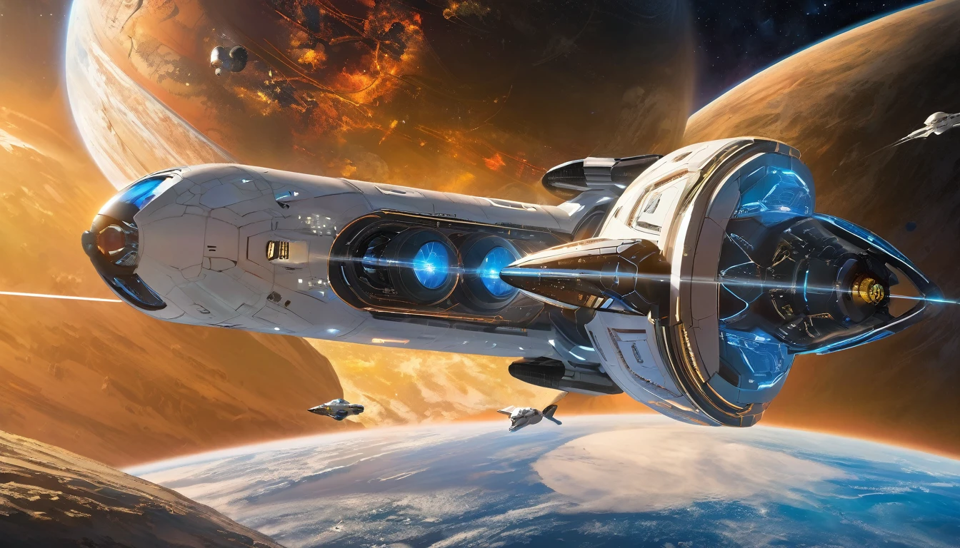 (Large spacecraft),(Futuristic),(powered by advanced technology),(Sleek and striking design),(Floating silently in space),(A giant engine propels it forward),(Six levels with docking bays),(A giant glass window reflecting the universe),(Surrounded by a protective force field),(Emits a soft blue light),(Equipped with a complex laser cannon on the side),(It features Chinese symbols of strength and unity.),(Embrace a diverse crew with different cultures),(Including engineers, Scientist, astronaut),(wearing Futuristic uniforms),(Perform duties with precision and expertise),(A vibrant command center with holographic displays and control panels),(The captain's cabin offers a breathtaking view of the starry sky.),(A large space filled with rare plants from Earth and beyond.々A botanical garden),(Zero Gravity Simulation and Martial Arts Training Facility),(Medical room equipped with advanced treatment technology),(Leisure areas for crew members to relax and socialize),(Virtual Reality Room for Immersive Entertainment),(Spectacular observation deck with panoramic views),(Celestial objects passing by in fascinating colors),(Create a sense of awe and wonder),(Capturing the essence of exploration and human ingenuity),(Eternal beauty that transcends borders and cultures),(Combining the Arts, technology, and the spirit of the universe). (Highest quality, Super detailed),(Realistic),(High resolution),(Vibrant colors),(Sharp focus),(Physically Based Rendering:1.2),(masterpiece:1.1),(超High resolution),(Professional Lighting),(Bokeh).