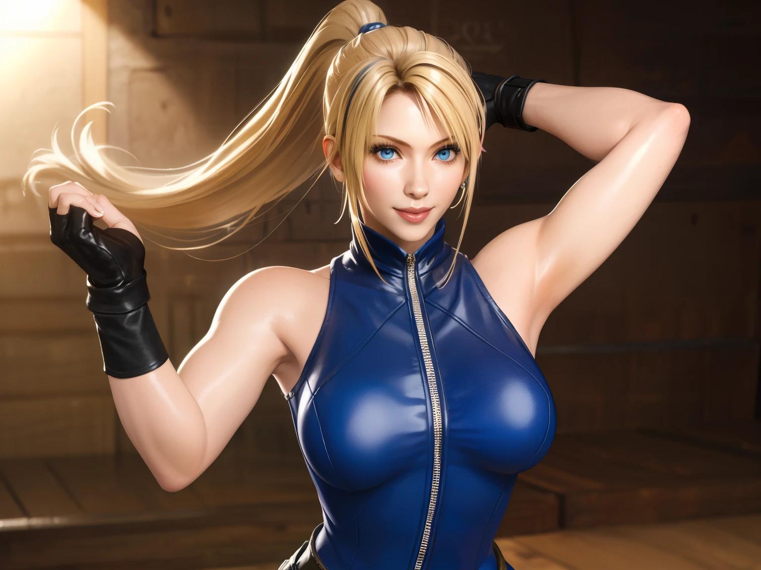 Sarah, blue eyes, very long hair, (shiny skin:1.2), (skinny girl:1.5), (blonde hair:1.2), high ponytail, (detailed hair streaks:1.3), (free flowing hair streaks:1.3), floating hair, bodysuit, Shoulders exposed, (arms exposed:1.3), (medium breasts:1.3), (pushed up breasts:0.4), (curvy figure:0.7), (hands behind back:1.4), (red lipstick:0.9), (tight blue bodysuit:1.1), belt ,(sleeveless:1.6), zipper, boots, high heels, earrings, (short fingerless gloves:1.4), BREAK masterpiece, 1 girl, RAW photo, (best quality:1.2), extremely delicate beautiful, very detailed, 2k wallpaper, amazing, fine details, extremely detailed CG Unity 8k wallpaper, super detailed, high resolution, (beautiful detailed girl:1.2), perfect anatomy, (shiny clothes:0.6), (big smile expression:1.2), (upper body:1.4), (Realistic, Photorealistic:1.0), (thin nose:1.2), (breast focus:1.3), high nose bridge, (blue clothes:1.2)
