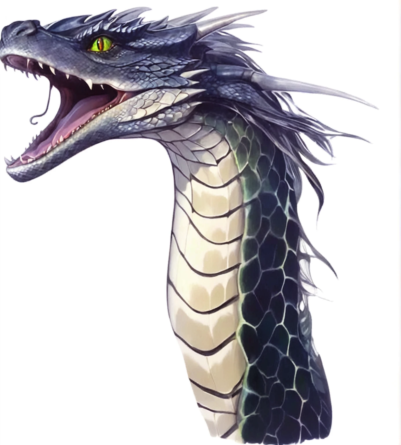 There is a painting,There is a dragon with a big mouth in the painting, Set against the backdrop of a dragon, Jermon Gander, cyborg Dragon Portrait, Elves and Anime, Dragon Portrait, Portrait of a dragon, Scarred Dragon, Green scale dragon, Black Dragon, dragon art, Smooth faucet, Flying Dragon, dragon our species, Winged dragon snake, Dragon's Mouth Art