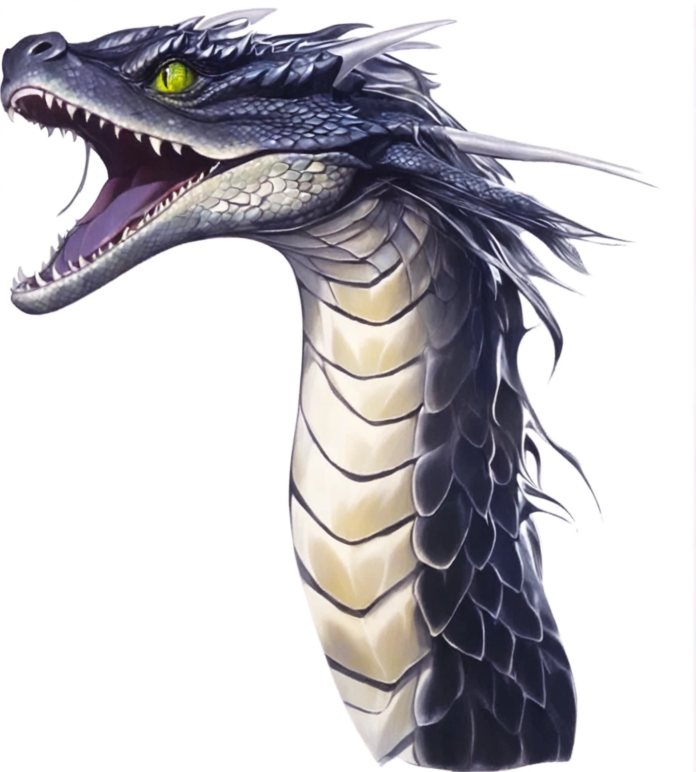 There is a painting,There is a dragon with a big mouth in the painting, Set against the backdrop of a dragon, Jermon Gander, cyborg Dragon Portrait, Elves and Anime, Dragon Portrait, Portrait of a dragon, Scarred Dragon, Green scale dragon, Black Dragon, dragon art, Smooth faucet, Flying Dragon, dragon our species, Winged dragon snake, Dragon's Mouth Art