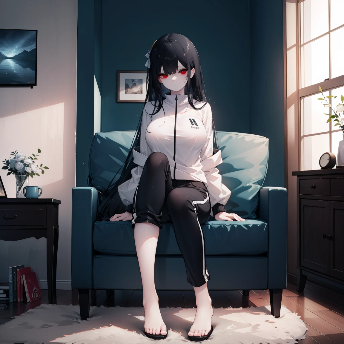 1 tall woman, big breasts, with red eyes, long black hair, a tracksuit, short pants, and slippers, inside a dark apartment, sitting on a couch, night time, deem, carpet, table, tiny window, looking at the TV, wooden floor, white dirty walls, food on the table, night time, Japanese house set-up, suspenseful atmosphere. dark setting, dark apartment, dark lighting, suspense atmosphere, night sky, complete darkness, detailed eyes, close-up picture