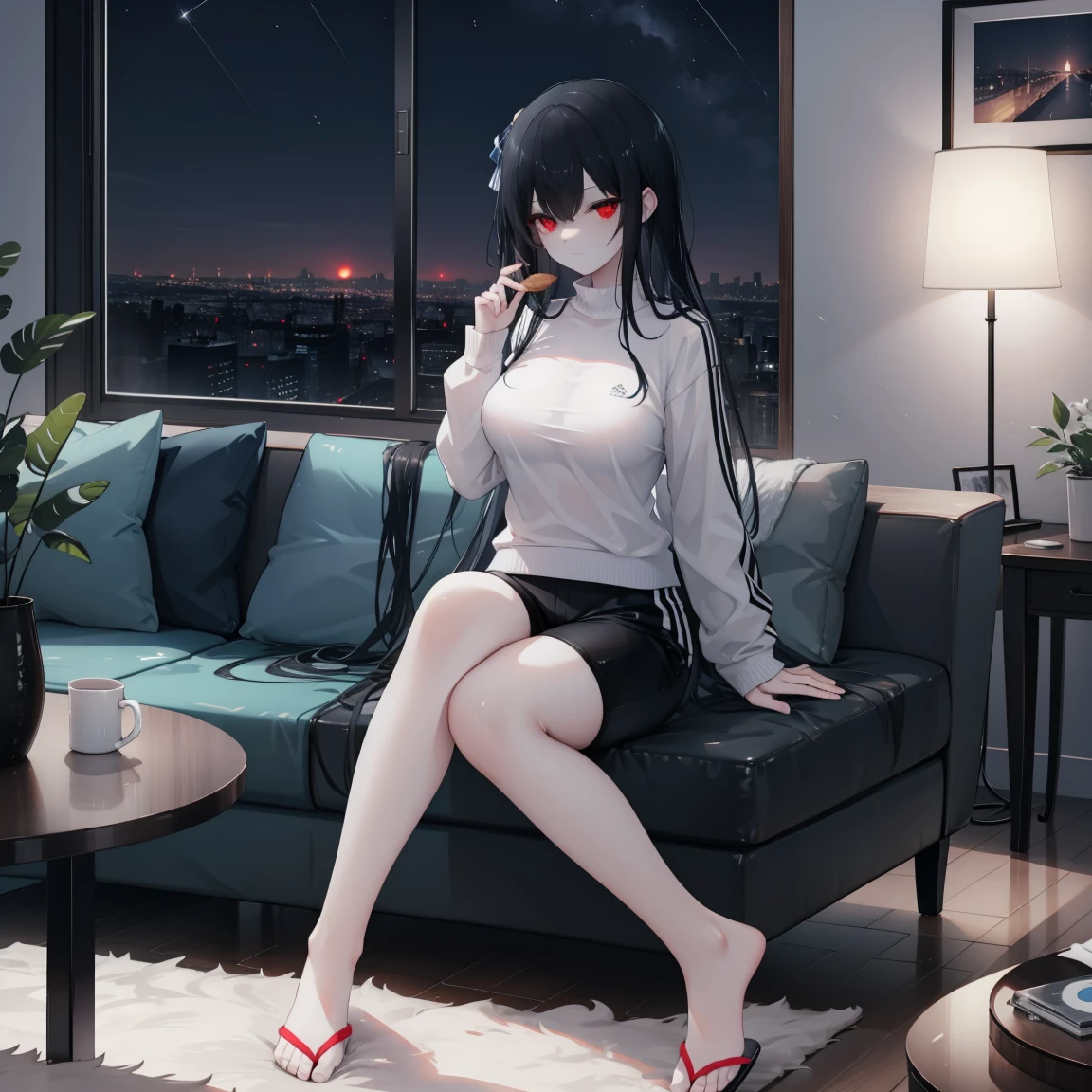 1 tall woman, big breasts, with red eyes, long black hair, a tracksuit, short pants, and slippers, inside a dark apartment, sitting on a couch, night time, deem, carpet, table, tiny window, looking at the TV, wooden floor, white dirty walls, food on the table, night time, Japanese house set-up, suspenseful atmosphere. dark setting, dark apartment, dark lighting, suspense atmosphere, night sky, complete darkness, detailed eyes, close-up picture