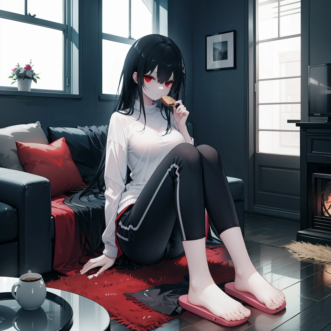 1 tall woman, big breasts, with red eyes, long black hair, a tracksuit, short pants, and slippers, inside a dark apartment, sitting on a couch, night time, deem, carpet, table, tiny window, looking at the TV, wooden floor, white dirty walls, food on the table, night time, Japanese house set-up, suspenseful atmosphere. dark setting, dark apartment, dark lighting, suspense atmosphere, night sky, complete darkness, detailed eyes, close-up picture