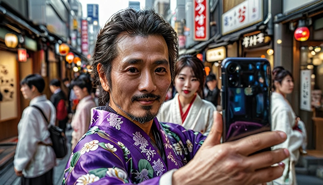 Middle-aged man taking a selfie with his smartphone in the streets of Shinjuku, the man is wearing a Japanese kimono, full body, wide angle, 4K (man) high resolution, sharp focus, (ultra detailed, highly detailed), (photorealistic artwork: 1.37), (highly detailed CG Unity 8k wallpaper), (((vibrant colors, vibrant theme))), (intricate), (masterpiece), (best quality), art photography, (photo by sldr), (intricate background), perfectly rendered face, perfect facial details, realistic face, photorealistic, ((intricate details)), (((realism))), full body, wide field of view,