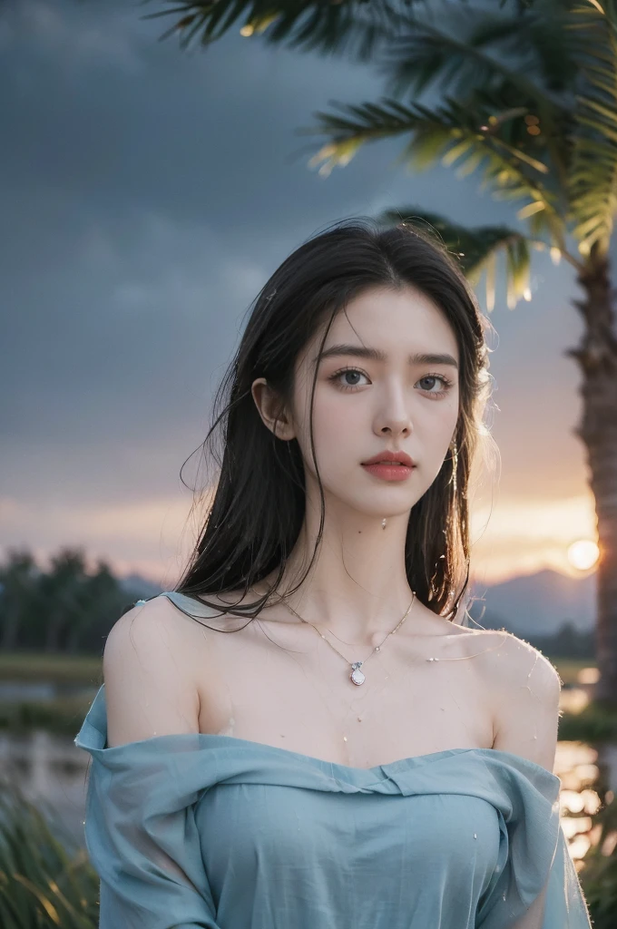 (((best quality))),(((ultra detailed))),(((masterpiece))),illustration,((1 beautiful girl,solo)),((slim,thin,flat chest)),(shoulder length straight bob hair:1.2),flowing hair,fair skin,(shiny skin:1.3),sparkling eyes,laughing,blue sundress,delicate necklace,grass,dewdropletts,trees,bird chirping,serenity,gratitude,awe,wonders of nature,peace,contentment,magnificent world,summer,(pitch-dark dawn:1.5),(night scene:1.3),upper body,from front,after rain,(wet:1.3),standing,on the path,confident gaze,elegant posture,mysterious atmosphere,solemn mood,dawn approaching,detailed decorations,(sunrise:1.3),rainbow,(Rural Landscape:1.2)
