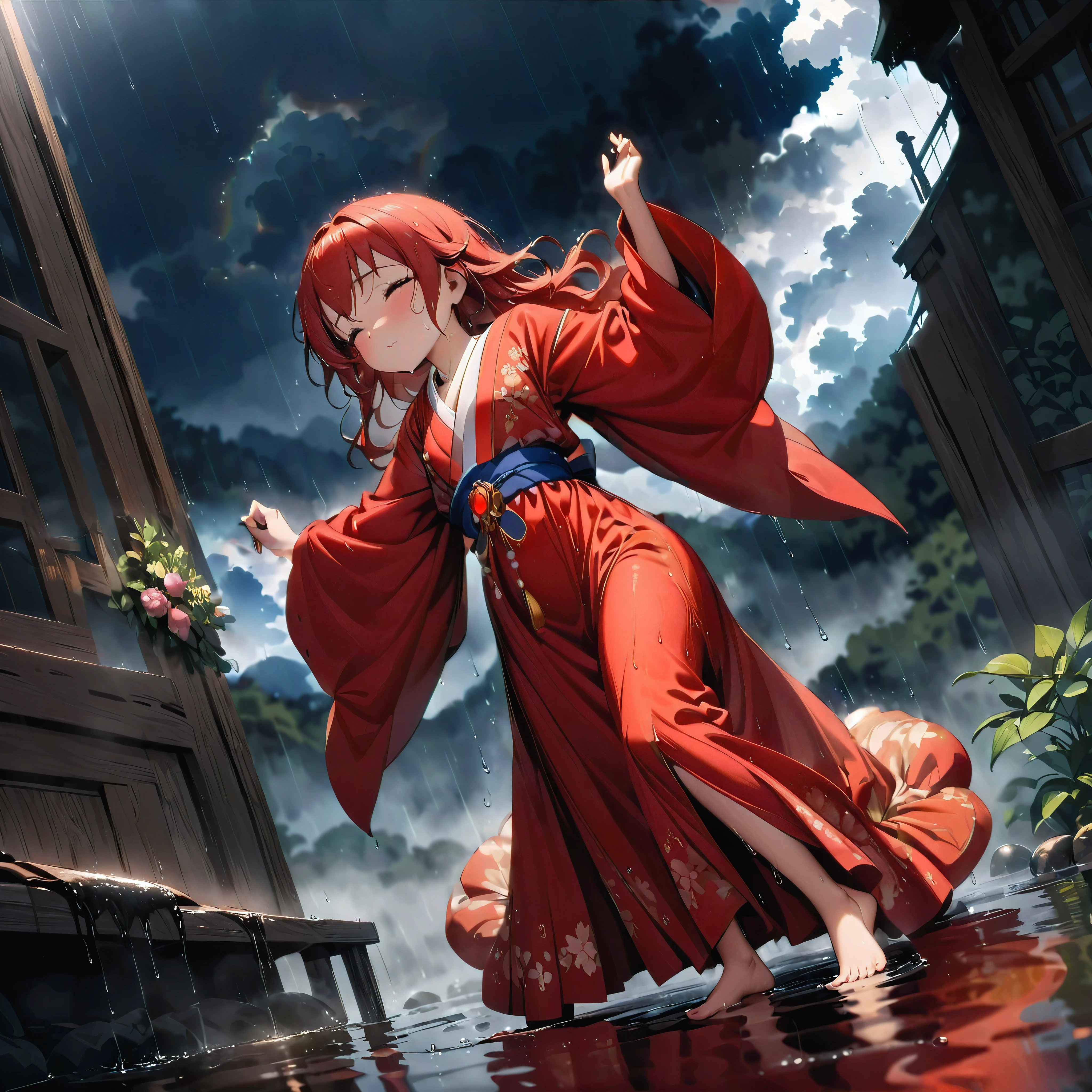 (full body), (solo), (A 7-year-old girl:1.2), (very young little girl), loli, (Solo), (small breast), (wide angle), raw photo, Aesthetic, Convoluted, Awarded, chiaroscuro, Best Quality, Detailed background, (Misty atmosphere:1.2), (hard rainy day:1.1),((Girl in red very long hanfu:1.2)), large red silk hanfu, long red hanfu with a silk texture, best wrinkles, real wrinkles, best shadows, (wet, wet body, wet hair, wet skin, very wet red hanfu, reflection on the wet hanfu, delicate cherry blossom embroidery, subtle water droplets:1.15), (water spray:1.1), The downpour cascades from the heavens, each droplet a crystal bead against the backdrop of the dusky sky. The little girl, a vision in scarlet, twirls gracefully, her red long dress adorned with intricate golden patterns that shimmer in the rain's soft light. The fabric, once crisp and structured, now clings to her form, revealing the contours of her youthful silhouette. Her hair, once neatly styled, now falls in damp strands around her face, framing her features with a natural, wild beauty. The rain has washed away any semblance of artifice, leaving only the pure essence of her spirit exposed. Barefoot, her feet press into the cool, damp earth, each step a connection to the sacred ground beneath her. As she dances, her movements are fluid and free, a dance not of choreographed steps but of spontaneous expression. Her arms extend, hands gracefully tracing the air, as if drawing the raindrops into her orbit. The rain-soaked dress flows with her, the hem fluttering like wings as she spins, creating a halo of water around her. The scene is one of serene tranquility, yet there is an undercurrent of sacred power. The rain, the earth, the girl, all are part of an ancient ritual, a dance of life and renewal. The air is filled with the scent of wet earth and the faintest hint of something more—a hint of incense, perhaps, or the memory of prayers whispered long ago. This is a moment frozen in time, a snapshot of innocen