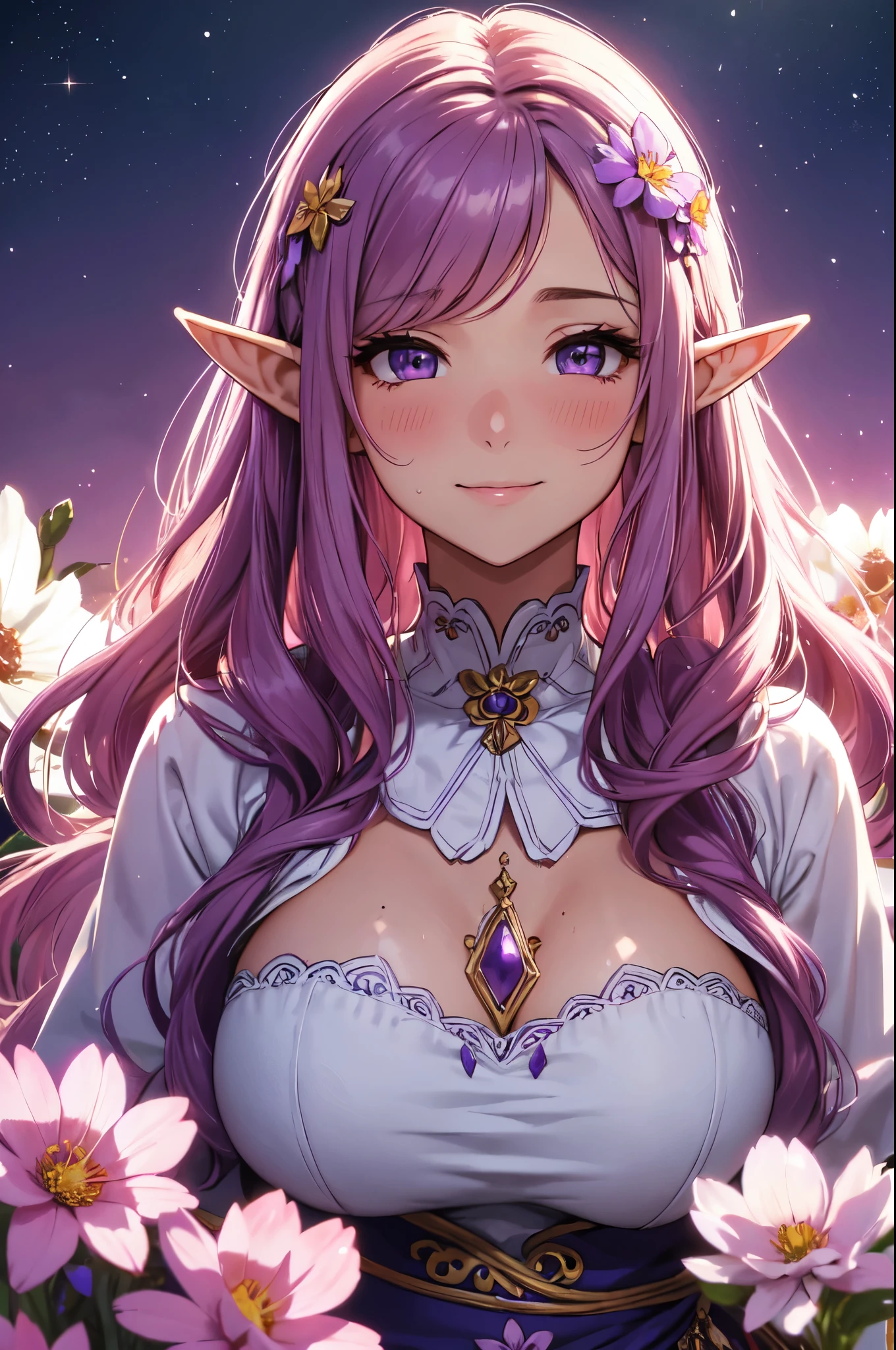 (High quality, High resolution, Fine details), a woman surrounded by cosmos flowers, cosmos flowers in full bloom, vibrant purple and pink flowers, solo, curvy adult women, long wavy hair, sparkling eyes, (Detailed eyes:1.2), Elf ears, smile, blush, Sweat, Oily skin, natural lighting, warm color palette, cinematic composition, dreamlike atmosphere, Soft tones, shallow depth of field
