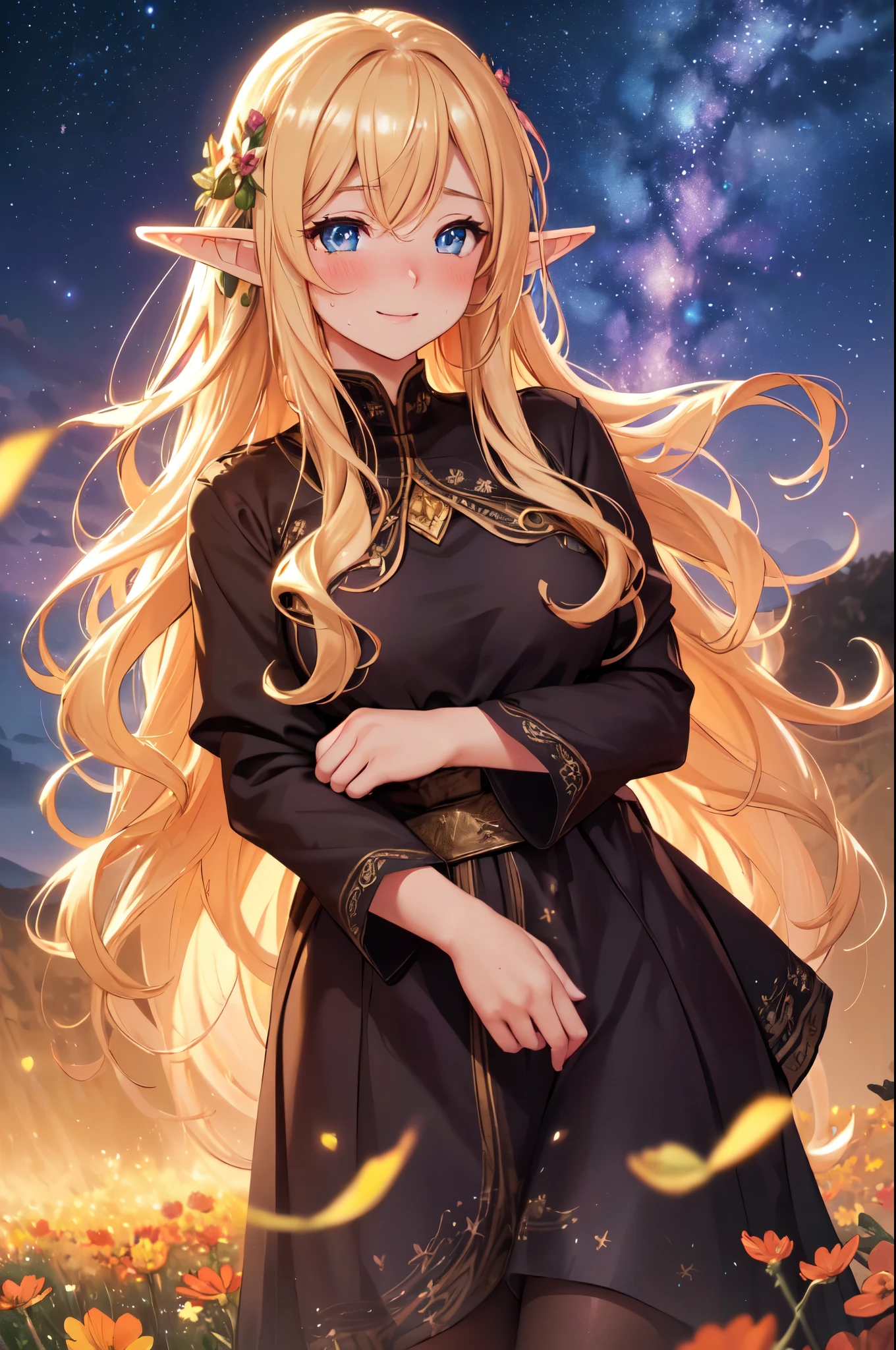 (High quality, High resolution, Fine details), Night sky, (Cosmos flower field), Vivid and colorful flowers, solo, curvy adult women, long wavy blonde hair, sparkling eyes, (Detailed eyes:1.2), Elf ears, smile, blush, Sweat, Oily skin, natural lighting, warm color palette, cinematic composition, dreamlike atmosphere, Soft tones, shallow depth of field