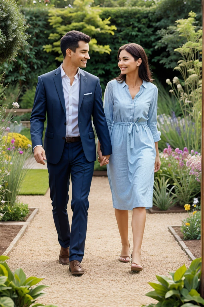 Husband wife in garden walking