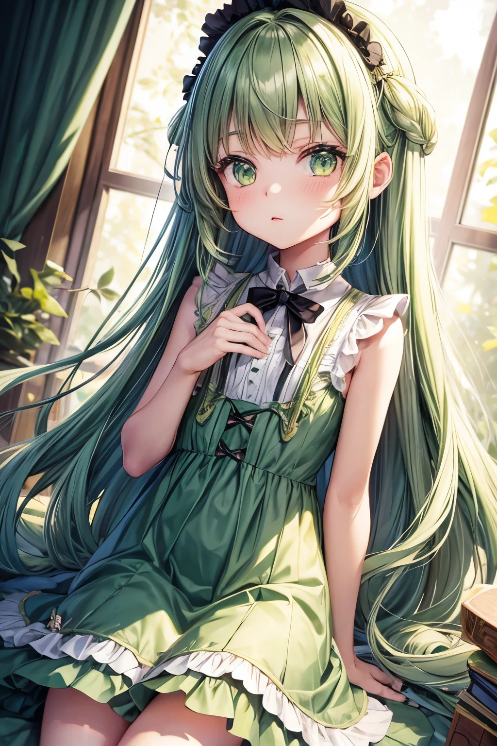 Long green hair,green eyes,loli,little girl,dress