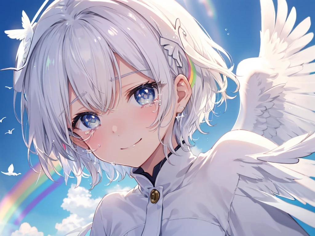 (((Extreme close-up tears smile Low - Angle Dove of peace Angel Halo))) ((輝くtears Rainbow Eyes Short Hair Receiving the light Rainbow light)) (Shining Edge)