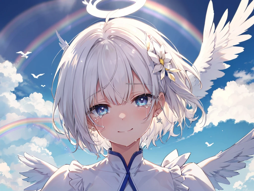 (((Extreme close-up tears smile Low - Angle Dove of peace Angel Halo))) ((輝くtears Rainbow Eyes Short Hair Receiving the light Rainbow light)) (Shining Edge)