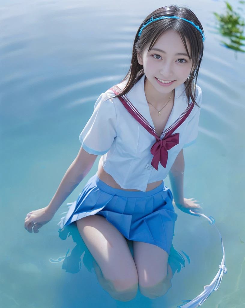 (NFSW)、(High resolution:1.5)、Highest quality,Very detailed,masterpiece,Super detailed,alone,(One 12 year old girl),((Summer School Uniforms:1.5)), Seraphim, ((skirt:1.5)), smile, Thigh fetish images: 1.5、(((barefoot)))、(Her thighs and white bikini reflected in the clear blue water)、(reflected in water:1.5)、((I can see the white string panties:1.5))、(Cleavage)、((Clear blue seawater))、Summer sun、はしゃいだsmile、Beautiful Eyes、(pull-out-panties)、(Panties on knees)、Big necklace and tiara、The water is marine blue、