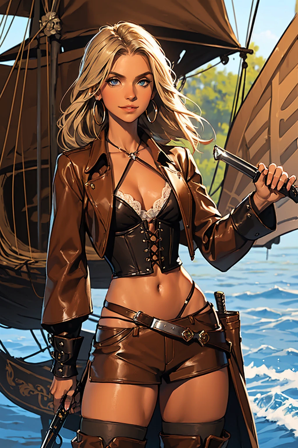 (masterpiece), best quality, expressive eyes, perfect face, (pirate ship background), (standing), (smirk), (closeup view), (1girl, selt, dark skin, tanned skin, blonde hair, boho bob hairstyle, blue eyes, hourglass figure, thin body, skinny body, petite_body, medium breasts, thick thighs, long fingernails,, white front lace blouse, long sleeve, loose fit, brown leather corset, brown leather shorts, brown boots, sheathed cutlass sword, flintlock pistol in holster, hoop earrings, miscellaneous jewelry)