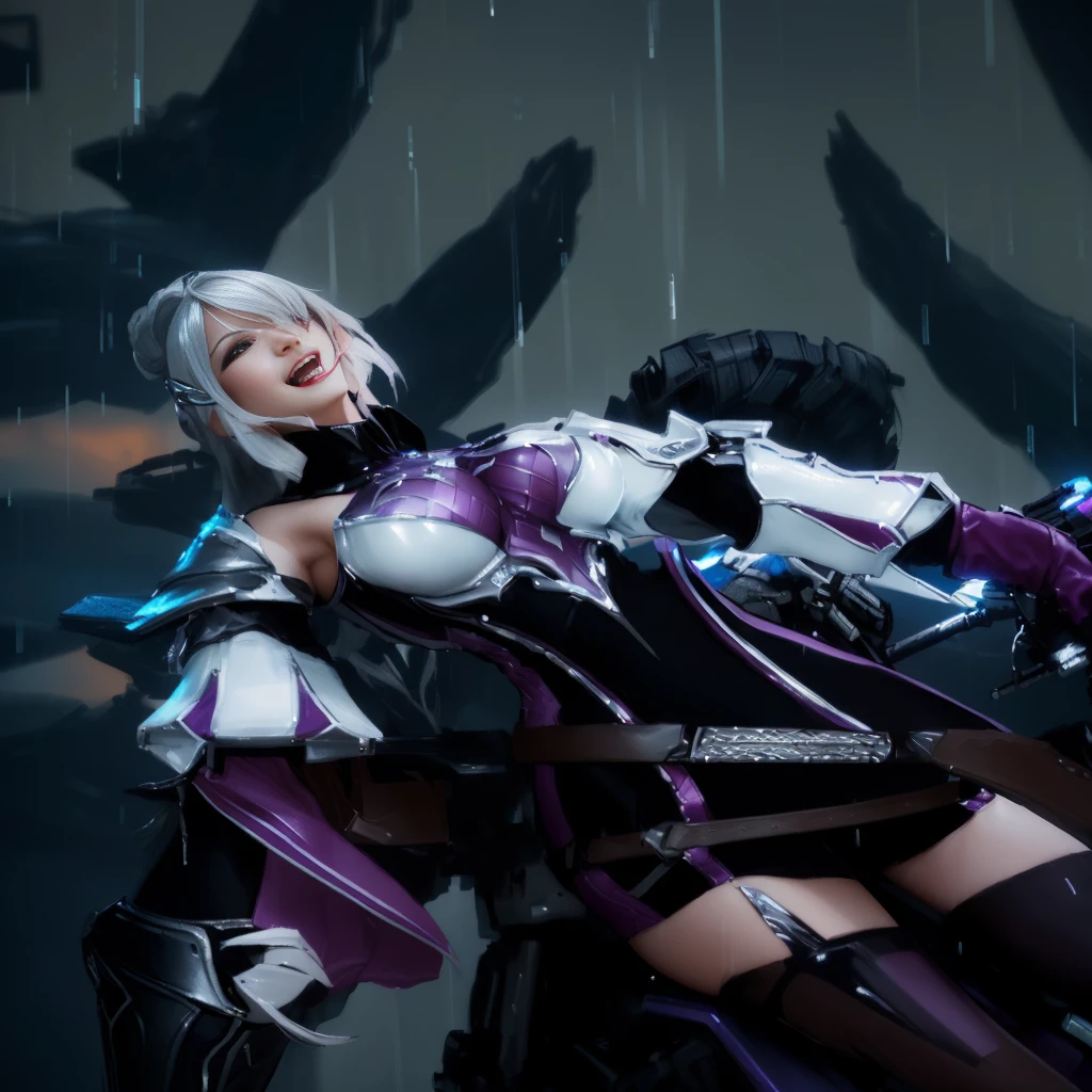 there is a woman in a costume riding a motorcycle in the rain, sharp silver armor fuchsia skin, thancred waters in style of wlop, drakengard, from ncsoft, of a beautiful female warframe, unreal engine render + a goddess, 8k octae render photo, bikini armor female knight, sliver ice color reflected armor，laughing