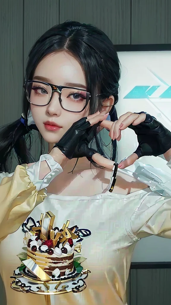 there is a woman with glasses holding a knife and a cake, heavy gesture style closeup, twintails white_gloves, kda, inspired by Sim Sa-jeong, realism artstyle, [ 4 k photorealism ]!!, 2 k aesthetic, [ 4 k photorealism ]!!!, y 2 k aesthetic, y2k aesthetic, [ 4 k photorealism ]