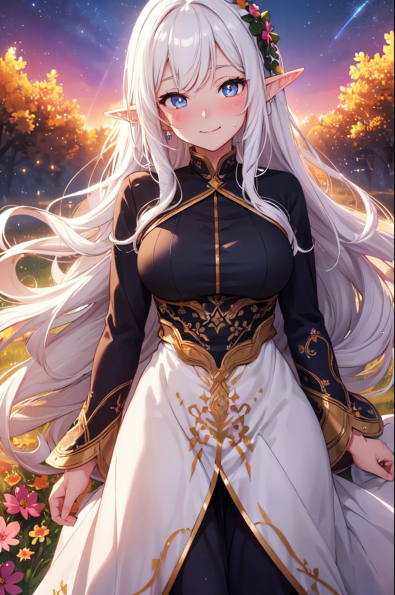 (High quality, High resolution, Fine details), Night sky, (Cosmos flower field), Vivid and colorful flowers, solo, curvy adult women, long wavy white hair, sparkling eyes, (Detailed eyes:1.2), Elf ears, smile, blush, Sweat, Oily skin, natural lighting, warm color palette, cinematic composition, dreamlike atmosphere, Soft tones, shallow depth of field