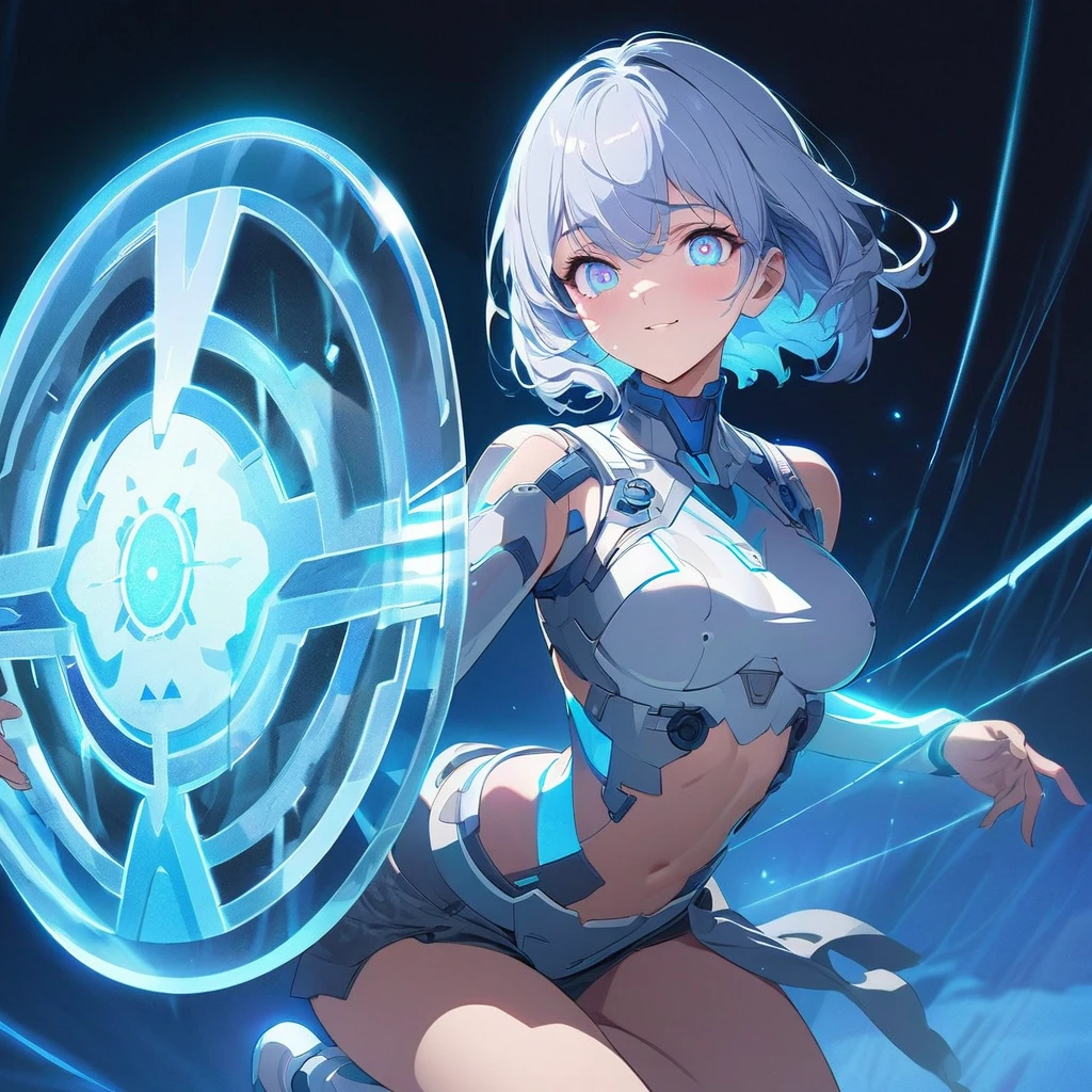 an image of a gentle girl with short, silvery-blue hair, wearing a futuristic, battle-ready outfit with glowing blue elements. She has a kind expression on her face, characterized by soft, warm eyes and a gentle smile with relaxed features. She is generating a large, translucent energy shield that shimmers with blue light, protecting herself and an area around her. The girl should be in a dynamic yet gentle pose, with one hand outstretched towards the viewer as if she's directing the shield and the other hand resting gently by her side. Her stance is strong yet relaxed, with one leg slightly bent. The background is dark and dramatic, with hints of blue light and energy waves illuminating their figures. The shield should have intricate, glowing patterns, enhancing the sense of her power and gentle control, (nude:0.8), detailed gorgeous face| anime style| key visual| intricate detail| highly detailed| breathtaking| vibrant| panoramic| cinematic| Carne Griffiths| Conrad Roset| gibbli 8k