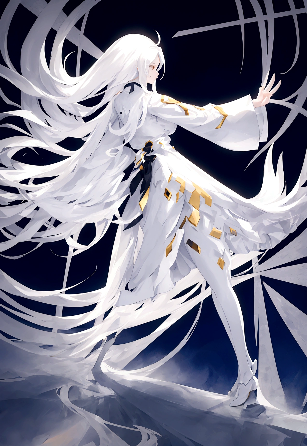 Character (human) (white long hair) (dress-style clothing) (character in dynamic pose) (perspective angle)