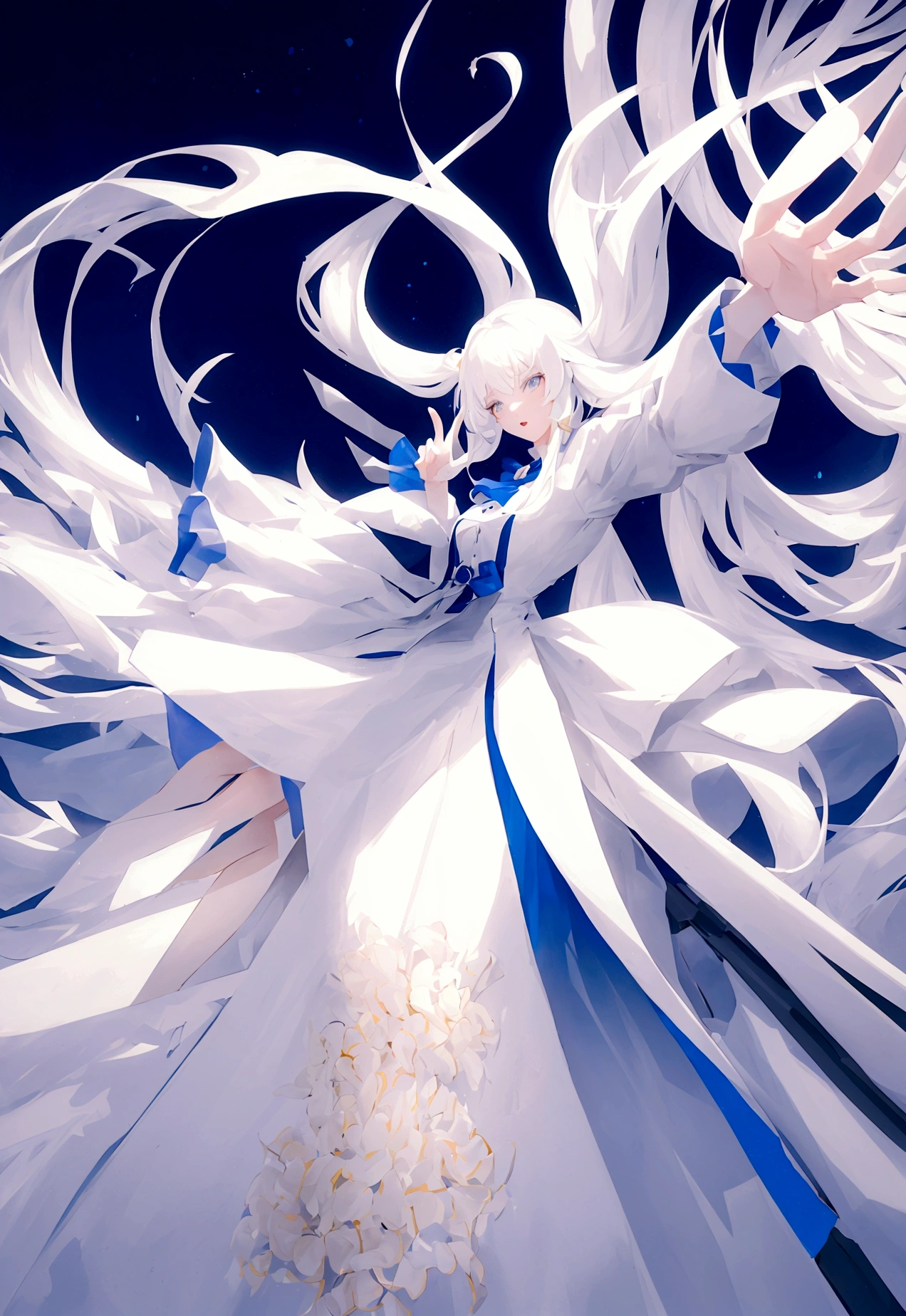Character (human) (white long hair) (dress-style clothing) (character in dynamic pose) (perspective angle)