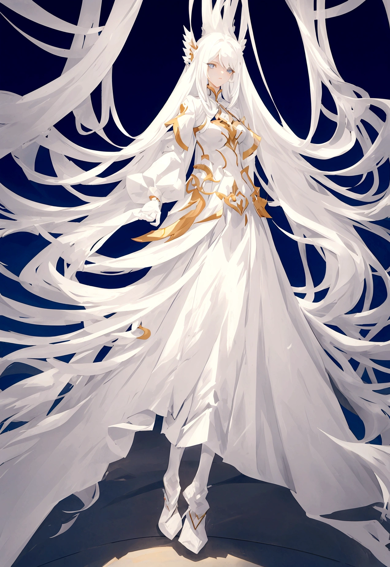 Character (human) (white long hair) (dress-style clothing) (character in dynamic pose) (perspective angle)