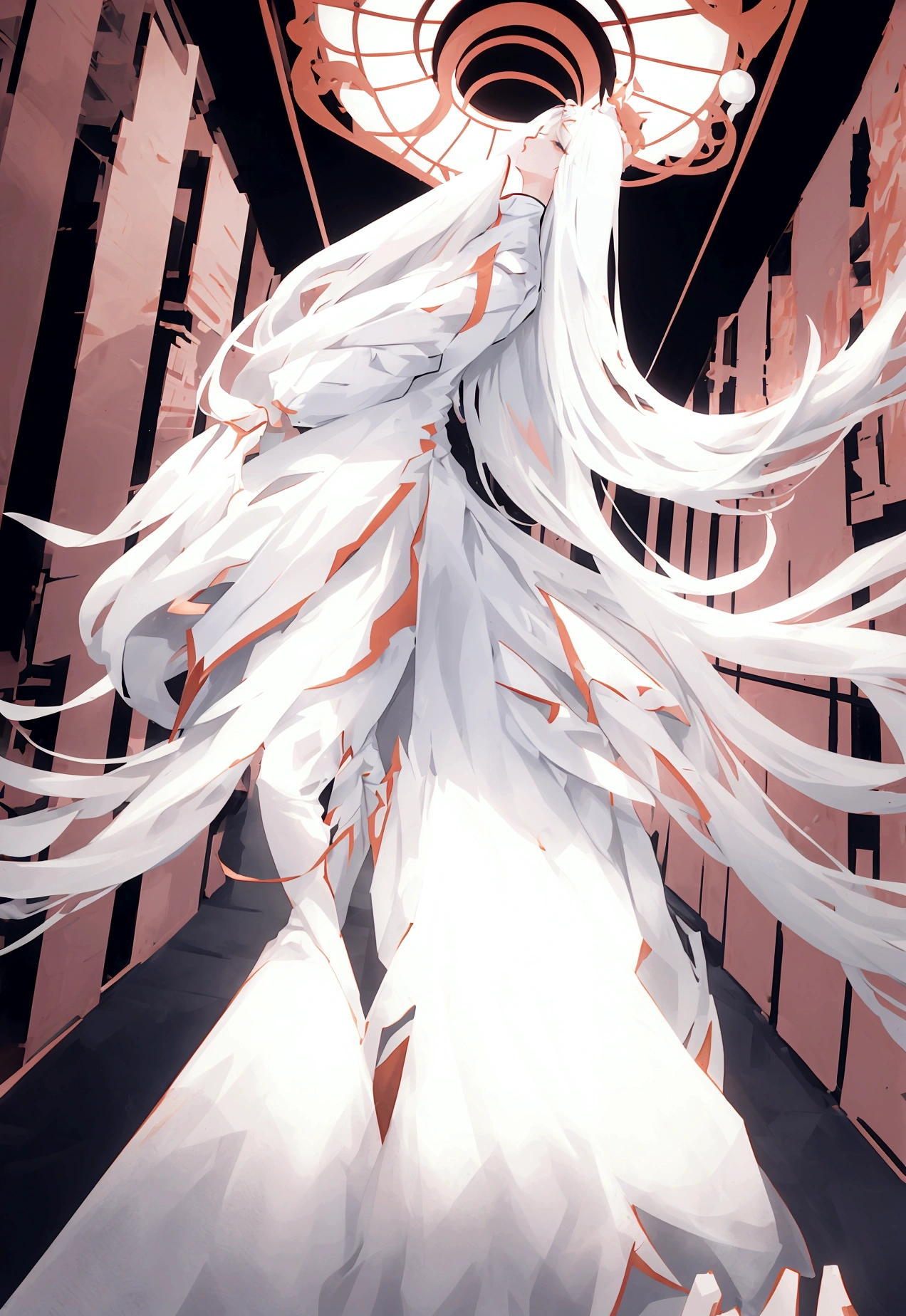 Character (human) (white long hair) (dress-style clothing) (character in dynamic pose) (perspective angle)