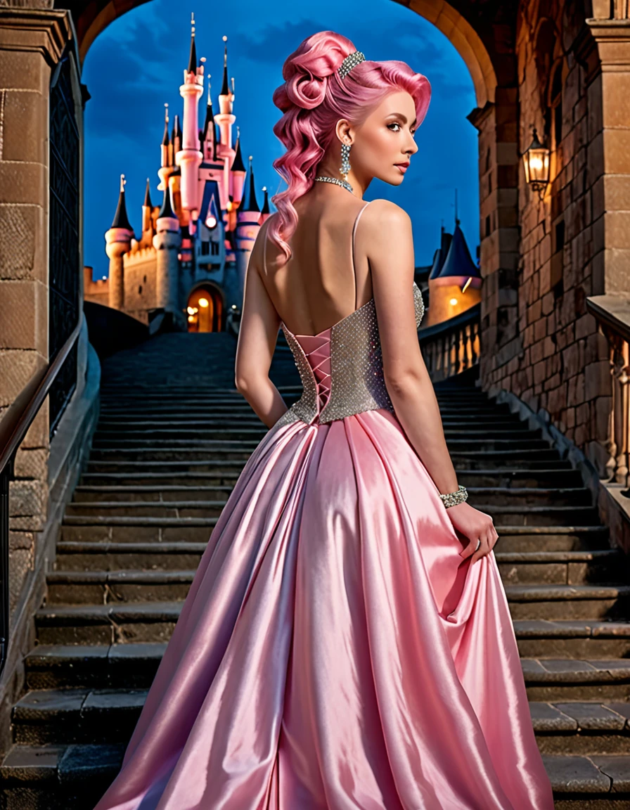 ((masterpiece, Highest quality, Best image quality, High resolution, Realistic, RAW Photos, 8K)), Woman in evening dress, (Long  pink hairhair tied back, Jeweled wig, Long gloves, Glass Slipper, Bare shoulders, Bare back), Looking back from halfway up the wide staircase leading to the castle, Look down,