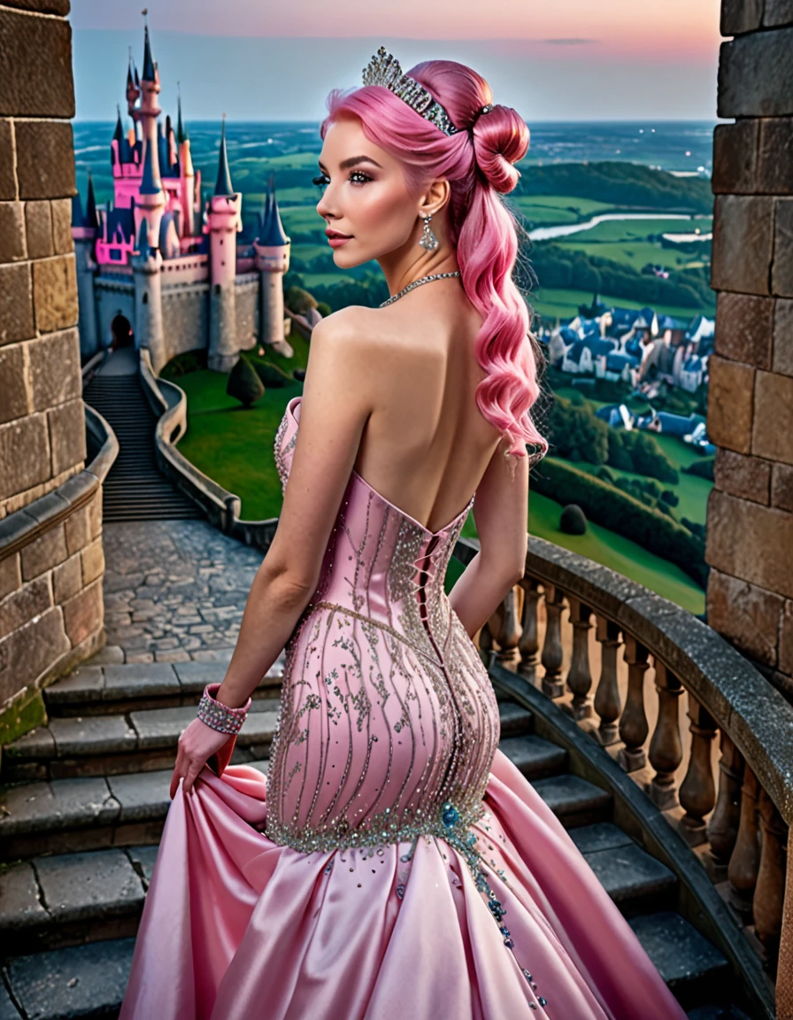 ((masterpiece, Highest quality, Best image quality, High resolution, Realistic, RAW Photos, 8K)), Woman in evening dress, (Long pink hairhair tied back, Jeweled wig, Long gloves, Glass Slipper, Bare shoulders, Bare back), Looking back from halfway up the wide staircase leading to the castle, Look down,