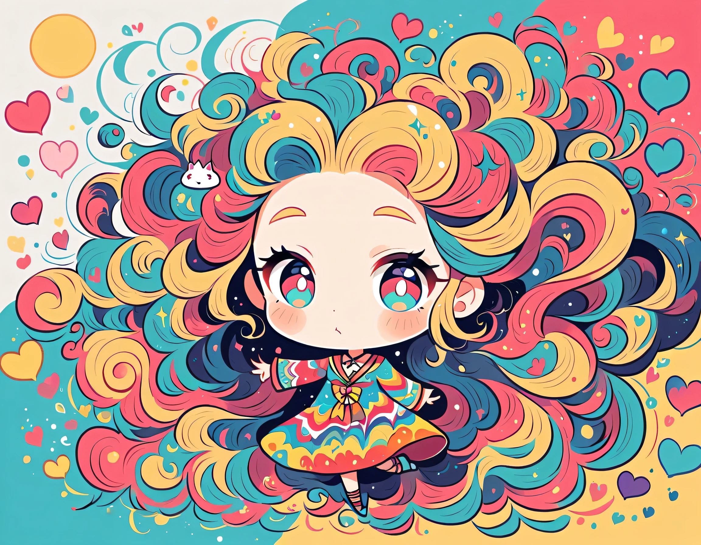 Momoko style, Simple Line Initialism，Abstract art，Urban Background, colorful hearts ,(((The most beautiful girl of all time))), (((chibi))), 