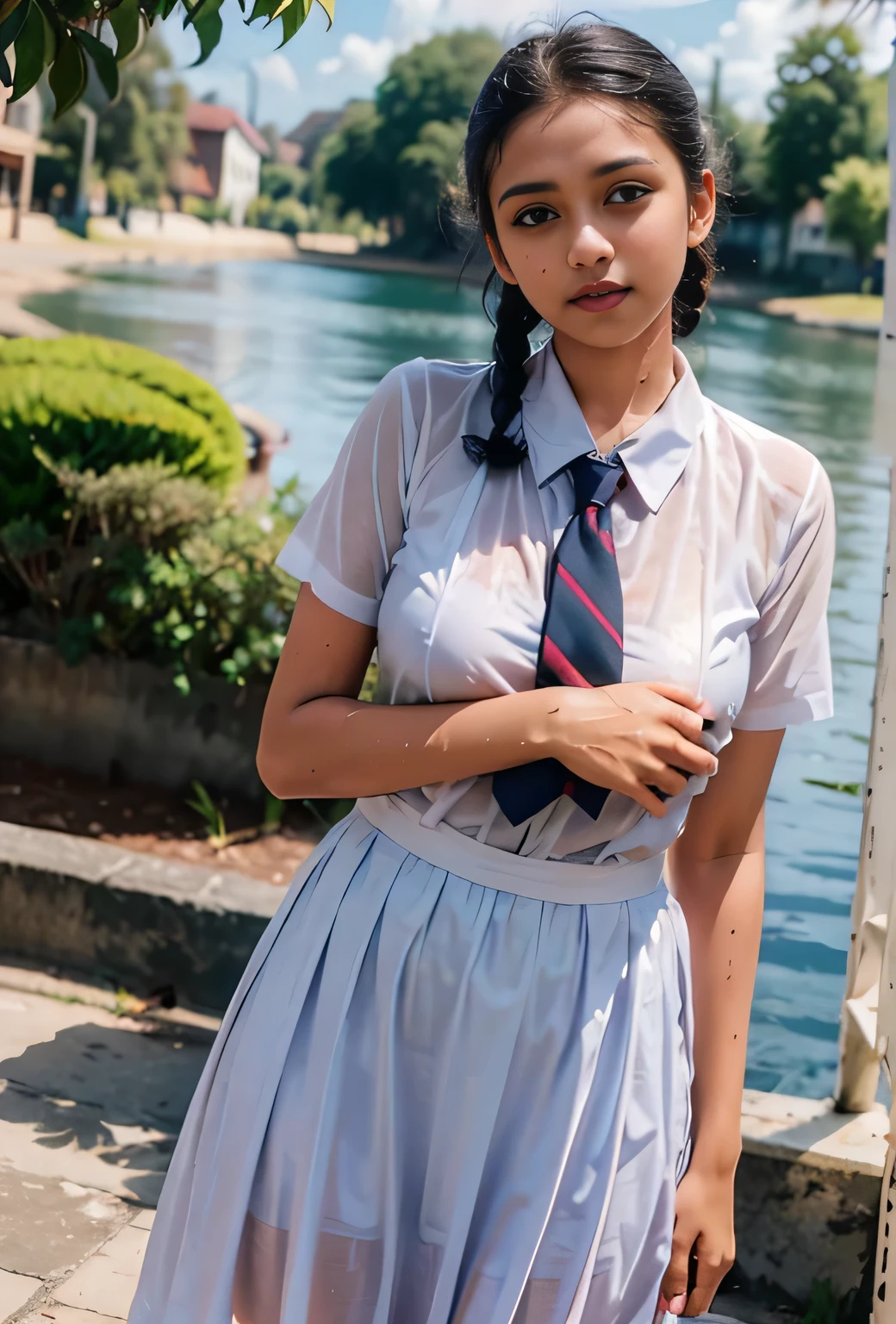 Raw photo , 1 girl , frock and color tie, white shoes ,sri lanka teen school girl, raining, drenched, soaked, wet clothes, dishevelled,oil covered clothes, wet fair skin and braided hair, posing, ((playing ,touching ,squeezing ,grabbing boobs )),huge , big breasts ,pointy nipples, professional photographer, (hdr:1.4), masterpiece, ultra-realistic 8k, perfect artwork, intrincate details, cute face, award winning photograph, (Best quality, 8k, 32k, Masterpiece, UHD:1.3) ,