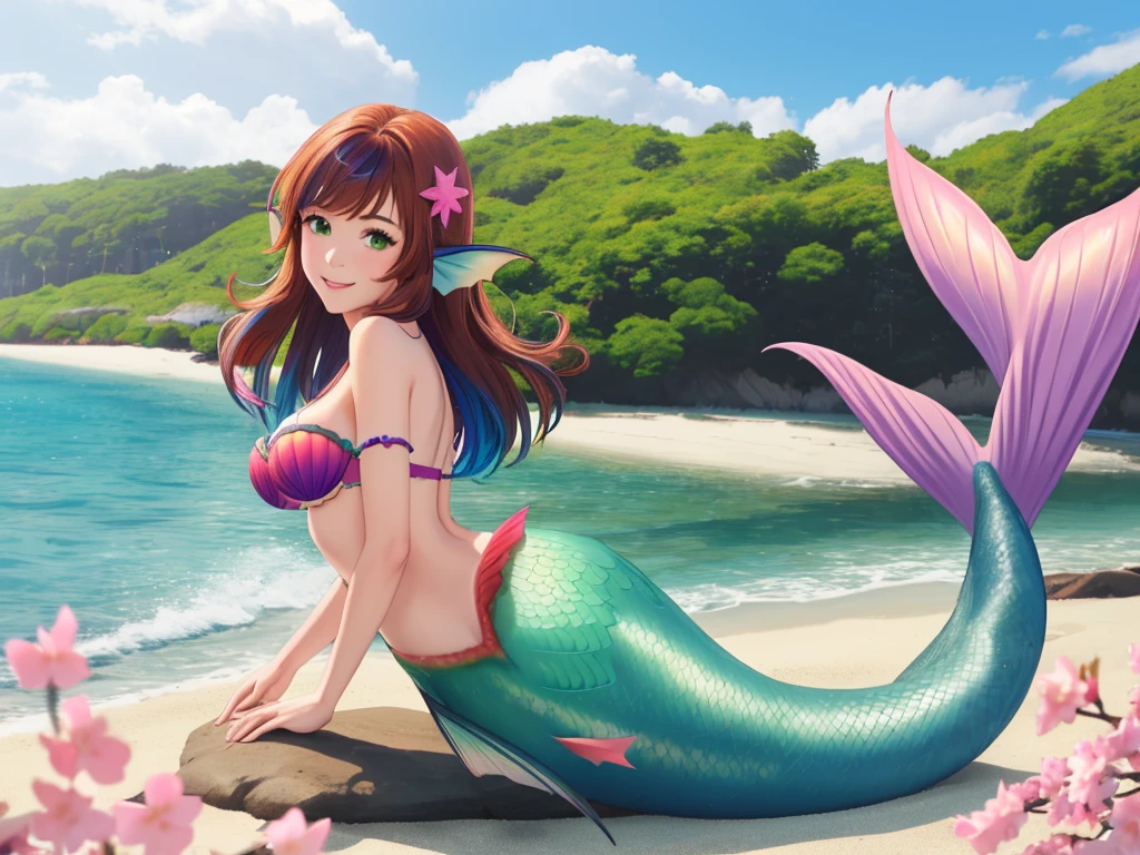 masterpiece, best quality:1.2), 1girl, smile, looking at viewer, green eyes, short brown multicolored hair, mermaid, mermaid girl, wearing purple seashell bra, laying on beach, colorful mermaid tail, outdoors, head fins, fin ears, under cherry blossoms