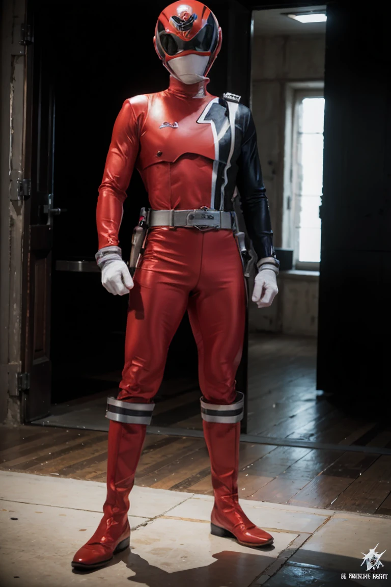 1boy, red, full body, Illustration, cinematic light, high resolution, best quality, ultra detailed, masterpiece, power suit, powerranger, suit, spd, (red ranger suit))