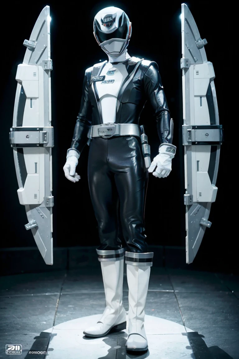 1boy, white, full body, Illustration, cinematic light, high resolution, best quality, ultra detailed, masterpiece, power suit, powerranger, suit, spd, (white ranger suit))