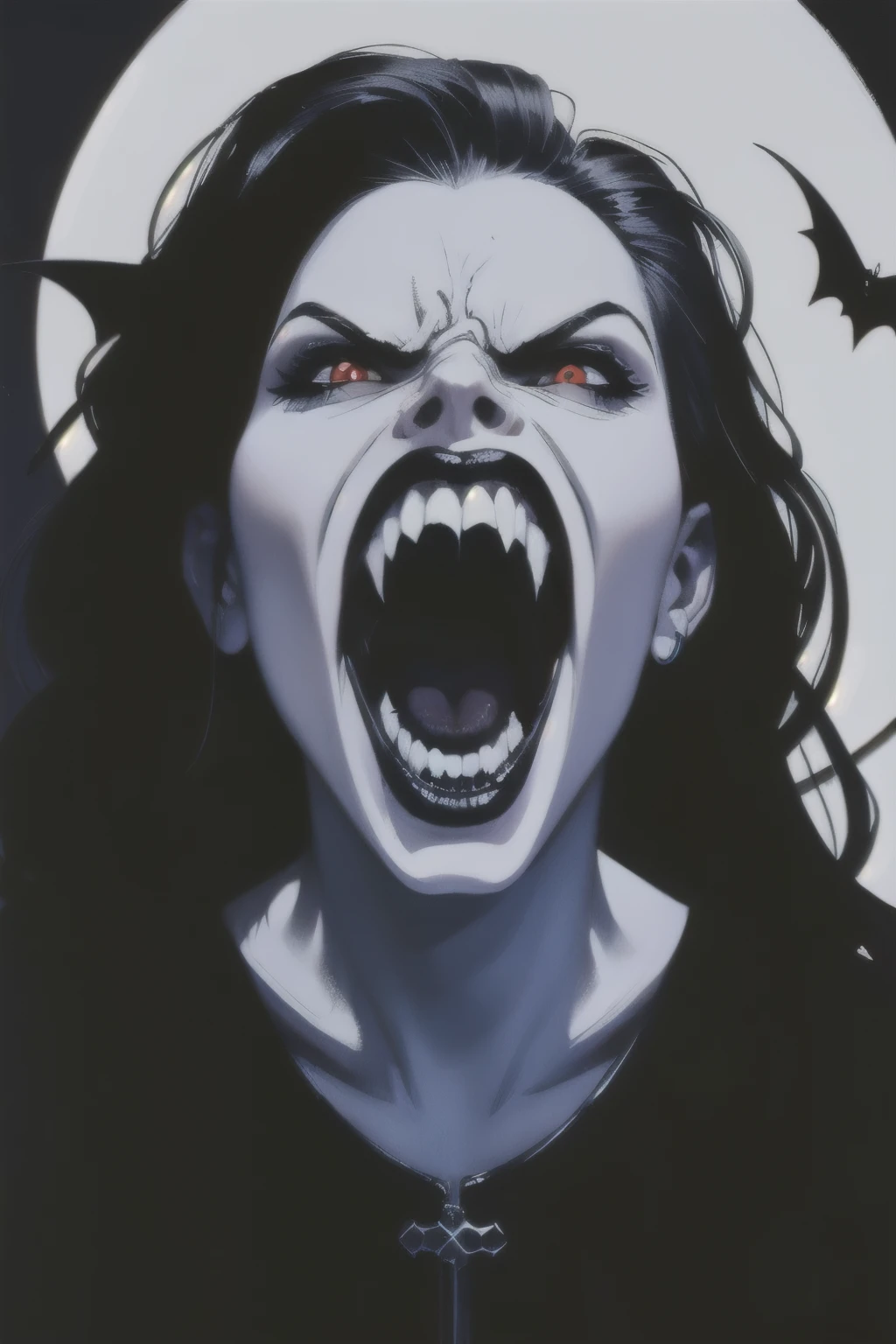 (masterpiece, top quality, best quality, official art, beautiful and aesthetic:1.2), (black and white:1.5), a pale Vampire girl with white skin, long hair flowing, black hair, ((open mouth, vampire teeth, angry face)), (((perfect vampire teeth))), oil painting:1.5, gloomy, holy, dark backgroound, black background, a dark shadow behind.