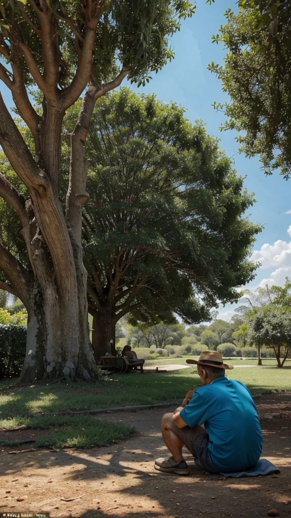 a wise old man sat under a shady tree, observing the world around him, It was then that he noticed a tiny ant carrying a massive acorn on its back - an acorn that was bigger than the ant itself. 4k realistic imagery, blue scenery like a movie scene, old american setting, inspired by blade runner movie scene, blue tone,