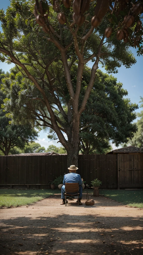 a wise old man sat under a shady tree, observing the world around him, It was then that he noticed a tiny ant carrying a massive acorn on its back - an acorn that was bigger than the ant itself. 4k realistic imagery, blue scenery like a movie scene, old american setting, inspired by blade runner movie scene, blue tone,