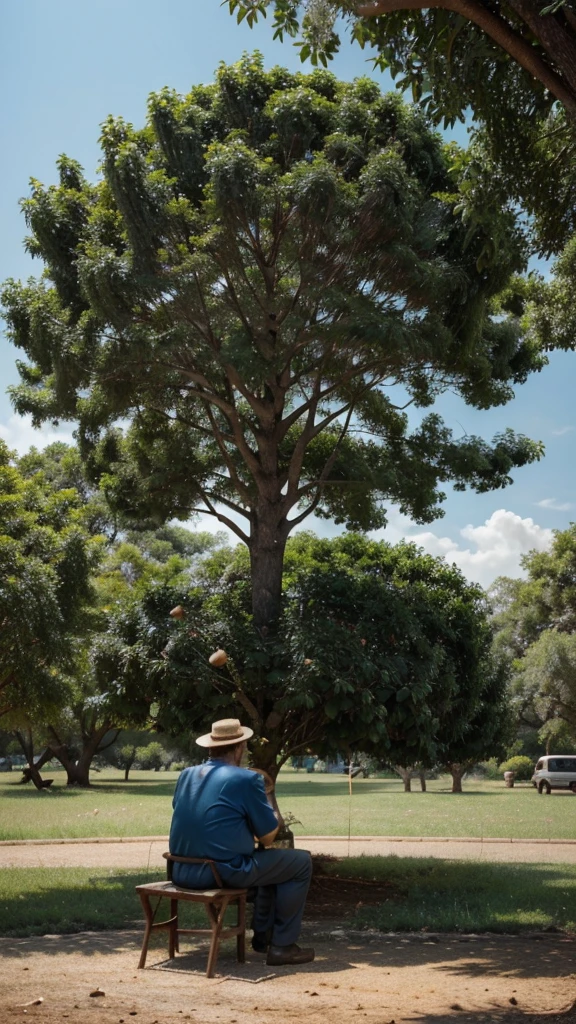 a wise old man sat under a shady tree, observing the world around him, It was then that he noticed a tiny ant carrying a massive acorn on its back - an acorn that was bigger than the ant itself. 4k realistic imagery, blue scenery like a movie scene, old american setting, inspired by blade runner movie scene, blue tone,