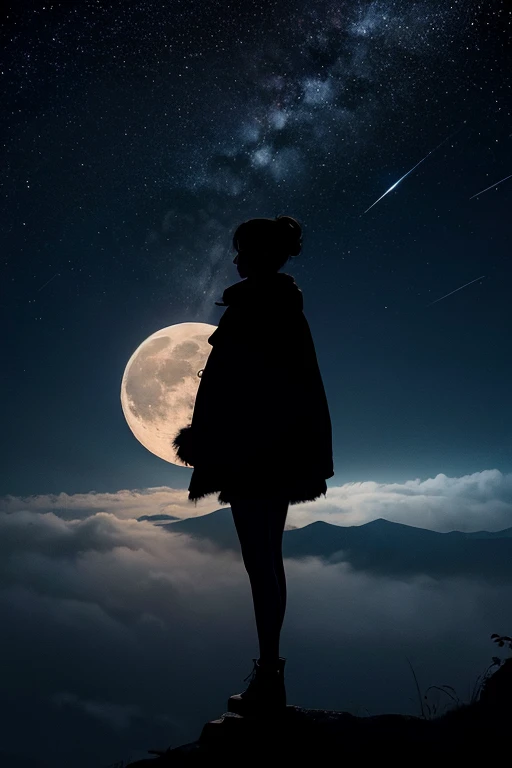 Highest quality,Big moon and shadow,A silhouette of a person can be seen against the backdrop of a large moon.,There is one full moon,There is a mood,Beautiful scenery,Starry Sky