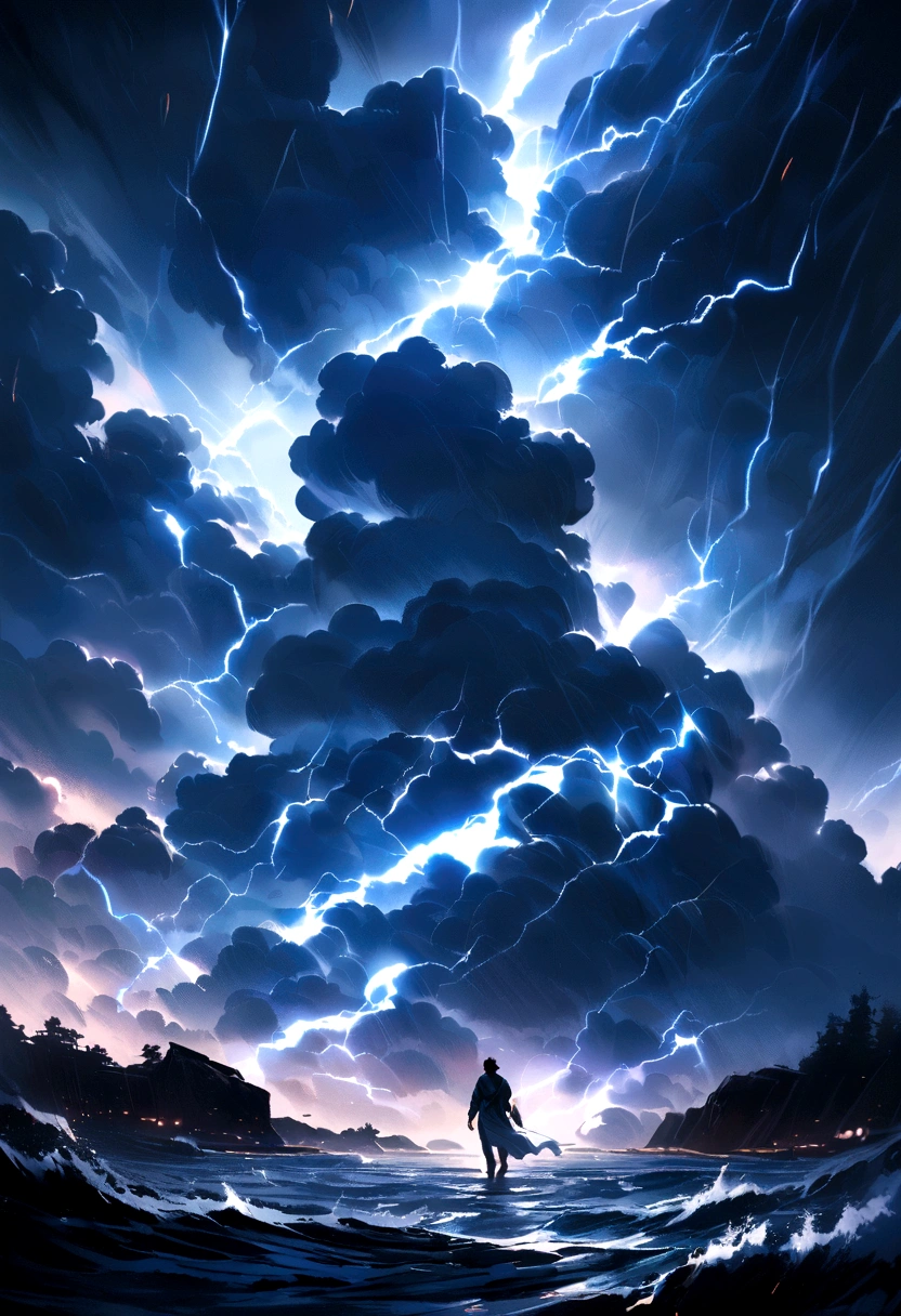 Zeus walking the seas in a lightning storm