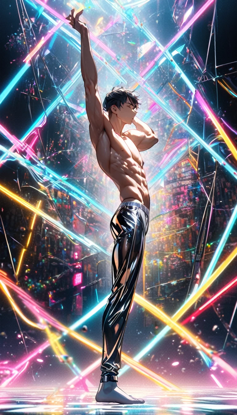 (Highest quality:1.2),One man,alone,Are standing_Split,whole body, Photo of a Japanese man in his 20s made of shiny white and silver translucent glass and plastic,Muscular and shirtless, Silver metal interior, Dynamic pose, Flow organic structure, A sparkling golden circuit, colorful Neon decoration, Light emitting circuit, Neon decoration, Depth of Field Focus F/2.8, H'art.right. liver, Greg rightutowski