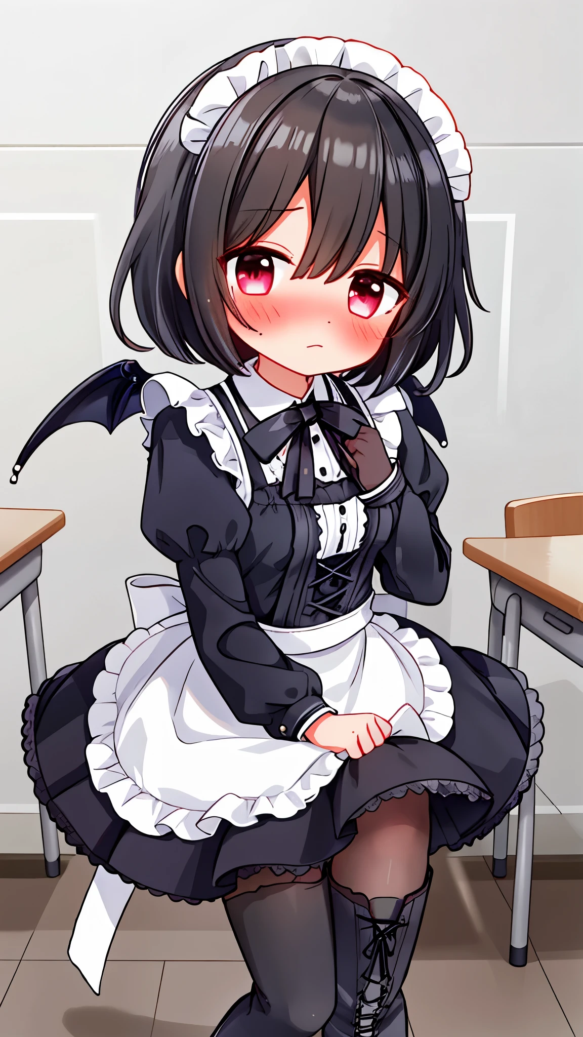 girl，Black short hair，maid outfit，Black lace-up boots，White pantyhose，Blushing shy，Classroom scene，demon