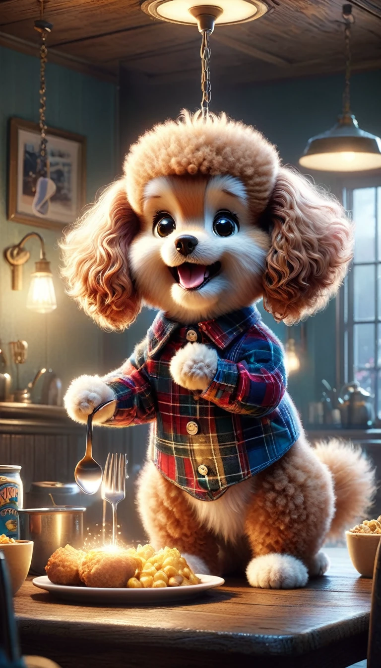 "In a photorealistic scene with high-quality lighting, two anthropomorphic cats resembling Garfield the cartoon poodle wearing dress are depicted. The larger poodle, wearing a plaid shirt, appears angry and is shouting while holding a fork with food on the table. The smaller poodle, dressed in overalls and a cap, looks distressed and is crying. The setting suggests a domestic environment with a cozy, dimly lit atmosphere, featuring a warm light fixture hanging above the table.", with garfield the cartoon poodle, animated film, movie still of a snarling, still from a live action movie, animated movie scene, 3 d animated movie, animated movie, garfield, zootopia 2, angry poodle, still from a pixar movie
