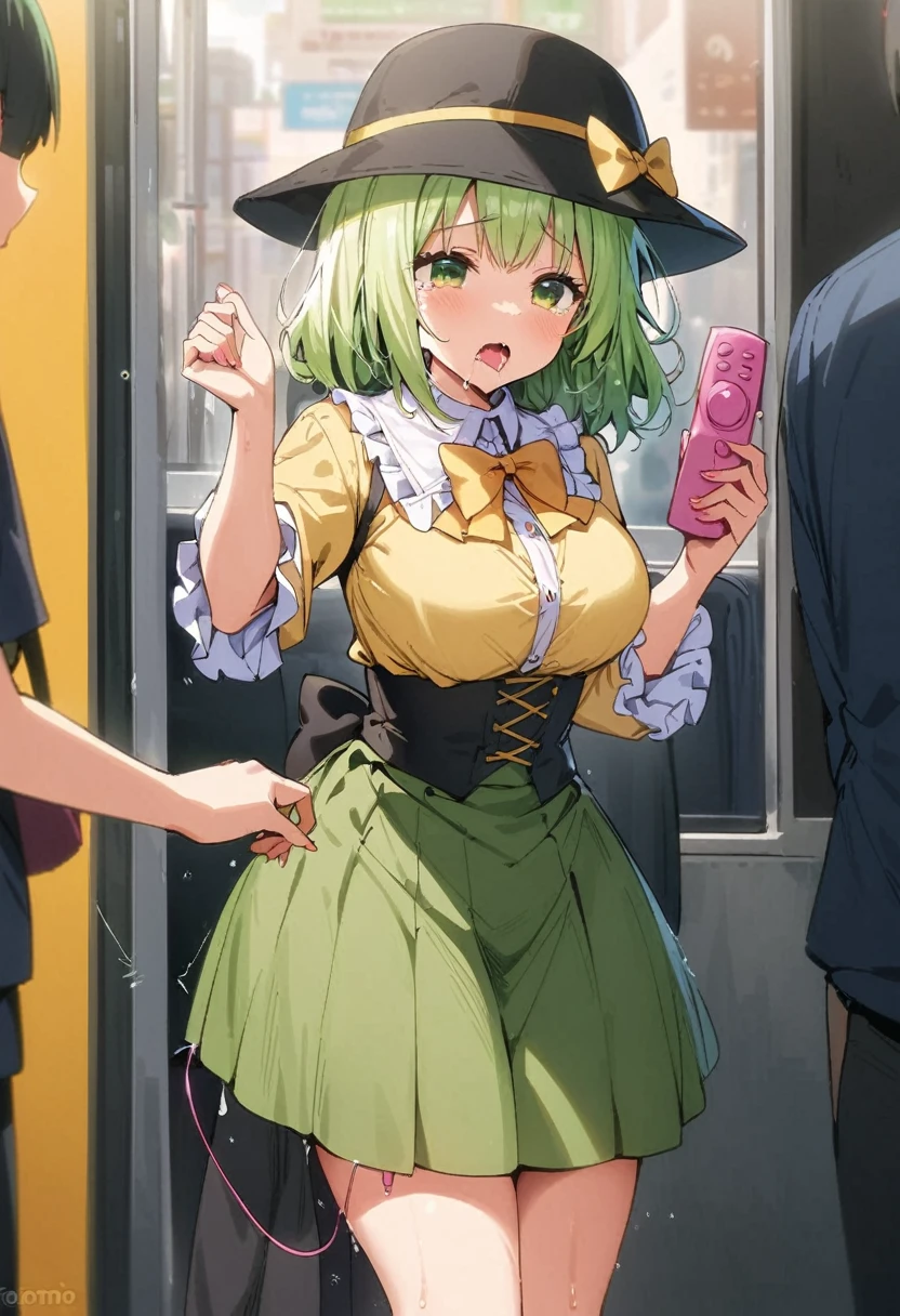 (throw_hand, pink vibrator remote switch in throw_hand, throw:1.2), Highest quality, Super detailed, masterpiece, Ultra-high resolution, 8K, Ridiculous, Cowboy Shooting, Blurred, One girl, Embarrassing, blush, Lovely, , With tears in her eyes and her mouth open, What saliva leaves behind, Wet skirt hem, Not wearing pants, Bulging of the vibrator cord, Vibrator with Garters, Subway car interior background, In a crowded group of women,Squirting、,Black Hair、Landmine-style Lolita fashion,Peeing,komeiji_koishi, 1girl, third_eye, yellow_shirt, black_hat, green_hair, frilled_sleeves, highres, frilled_shirt_collar, wide_sleeves, hat_bow, green_eyes, green_skirt, heart_of_string, yellow_bow, hat_ribbon, diamond_button, yellow_ribbon, eyeball