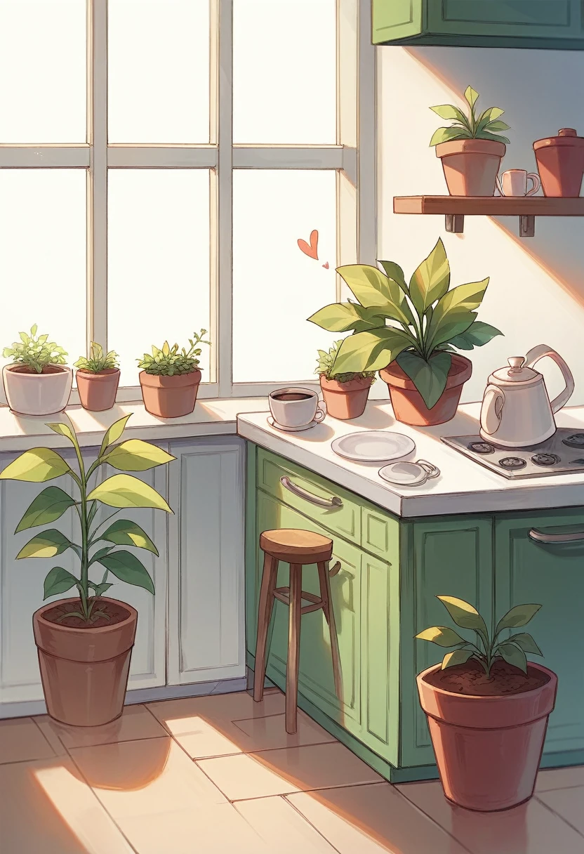 SD Main, Flat Illustration,
masterpiece, Highest quality,,No humans,  plant, heart, potted plant, White Background, coffee mug, Sitting, alone, kitchen，アイランドkitchen，Making sweets，I&#39;m cooking
 