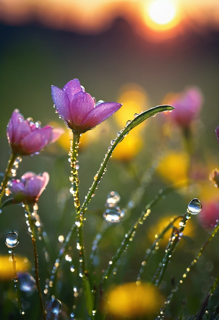 early morning,Dew on flowers,(sunrise),Beautiful picture,HD Wallpapers
