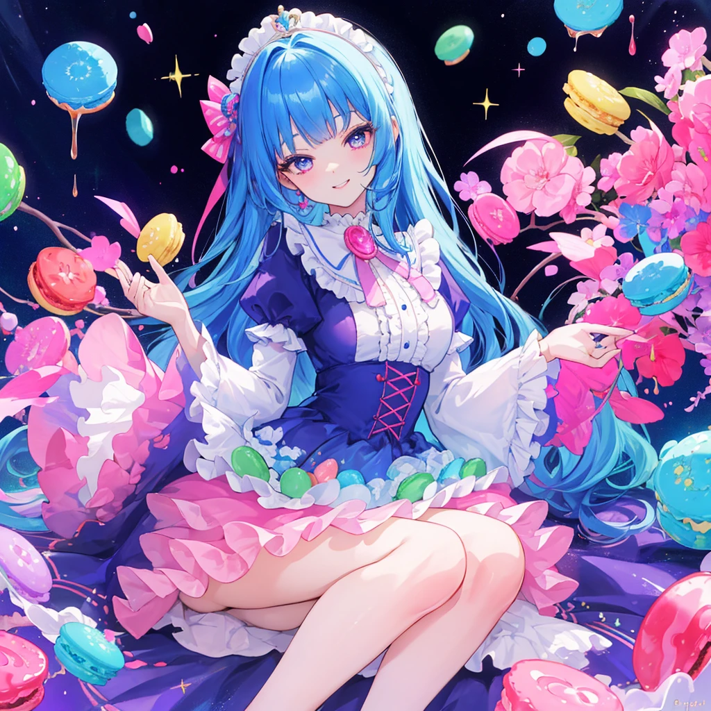 (Masterpiece, best quality:1.3), highly detailed, fantasy, 8k, candyland, dynamic,solo, 2d, faux traditional media, illustration, candy print, upper teeth, updo, curls, pose,  full body, beautiful woman, head tilt, sitting, in container, long hair, curls, smile, looking at viewer, naughty face,  (detailed eyes, detailed face), (candy clothing:1.1), frilled skirt, center frills, heels, (shiny),  (details), perfect, beautiful, dreamy, heart, colorful, vivid, cinematic, pinup:0.2, ultra-detailed, full background, [hyperrealistic:0.2], perfect hands, fantasy, (depth of field),  rainbow, syrup, cookie, macaron, chocolate bar, glitter, scenery, ((no humans)), drizzle, beautiful, (shiny:1.2), various colors, extremely detailed, (gradients), dripping, (glaze), bloom:0.2, shadow, ((food focus)), focus face, sharp focus, beads, blue hair, pink eyes