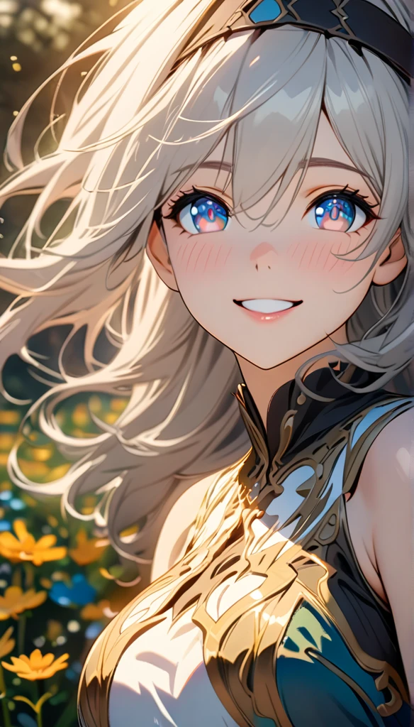 beautiful girl, long grey hair, beautiful face,smiling,close up to hips, beautiful breast, in the middle of flowers field, (open mouth:0.4),illustration,detailed textures(realists),ultra-detailed,portrait style,vivid colors,soft lighting, blushing, mature, hair fluttering, evening light , head band, half body, looking at viewer, cleavages, wearing intricate dress, perky. side profile
