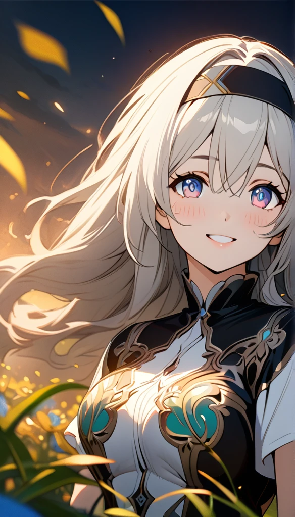 beautiful girl, long grey hair, beautiful face,smiling,close up to hips, beautiful breast, in the middle of flowers field, (open mouth:0.4),illustration,detailed textures(realists),ultra-detailed,portrait style,vivid colors,soft lighting, blushing, mature, hair fluttering, evening light , head band, half body, looking at viewer, cleavages, wearing intricate dress, perky. side profile