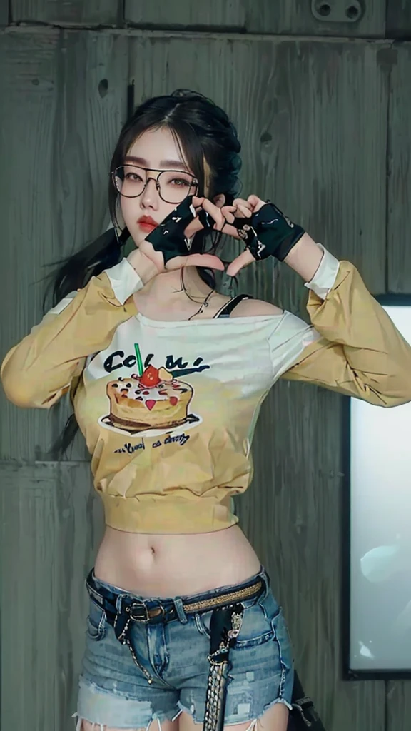 there is a woman with glasses holding a gun and a cake, kawaii shirt and jeans, upper body avatar, inspired by Sim Sa-jeong, heavy gesture style closeup, detailed upper body, tranding on pxiv, highly detailed upper body, top half of body, y 2 k cutecore clowncore, 🥥 🍕 hybrid, upper body visible