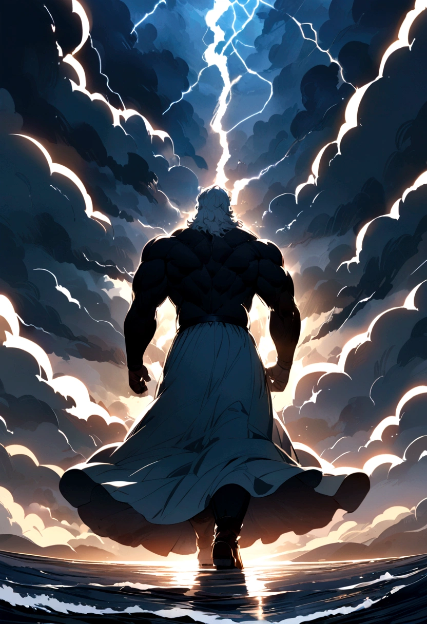 Zeus walking the seas in a lightning storm